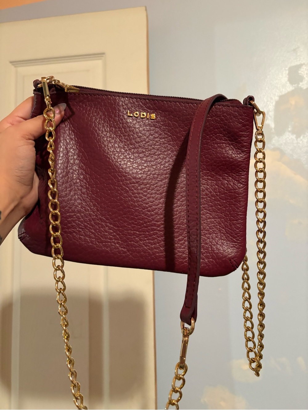 LODIS Burgundy Leather Gold Chain Crossbody Purse